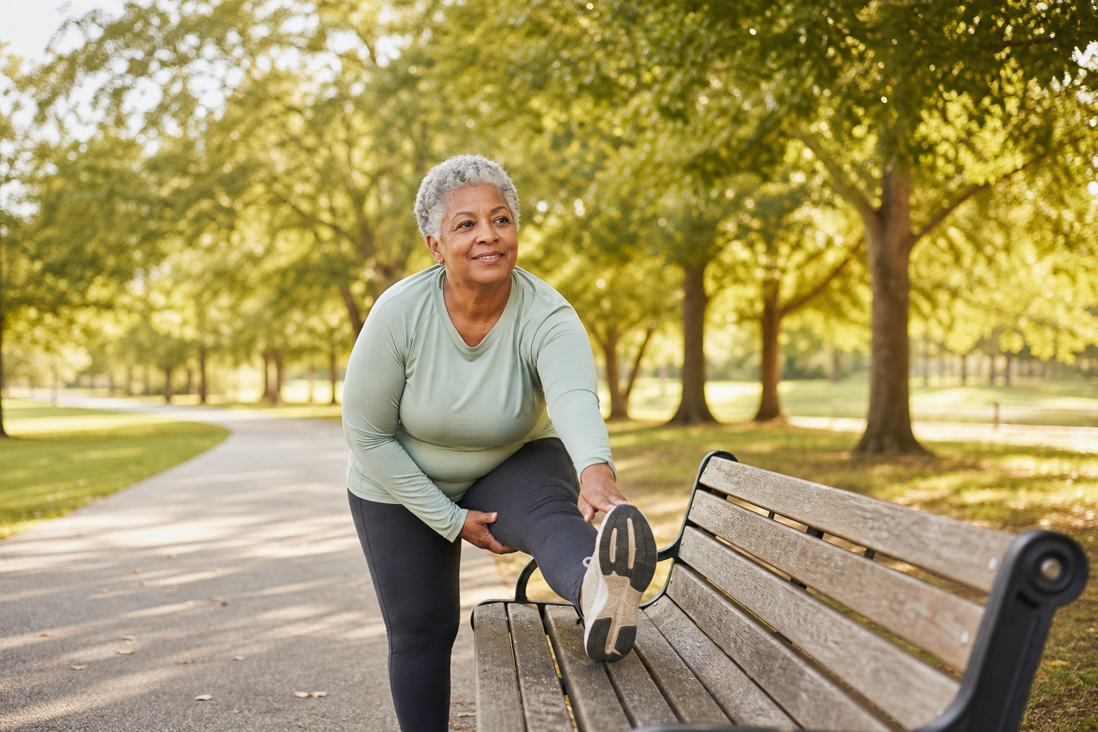 Older woman stretching legs after walking in park