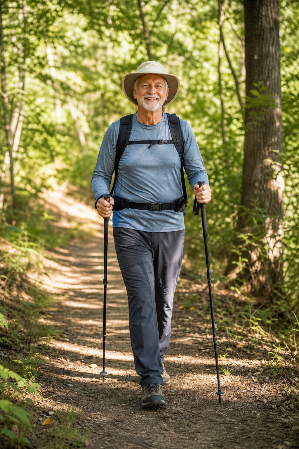 Older man walking confidently through forest for joint health