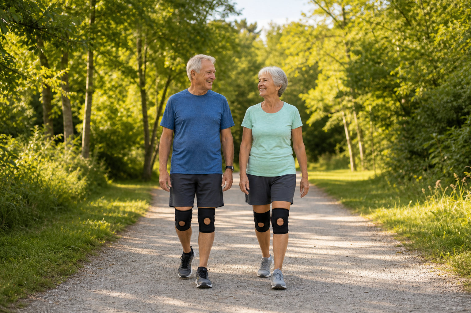Older couple with knee braces walking for joint health in the park