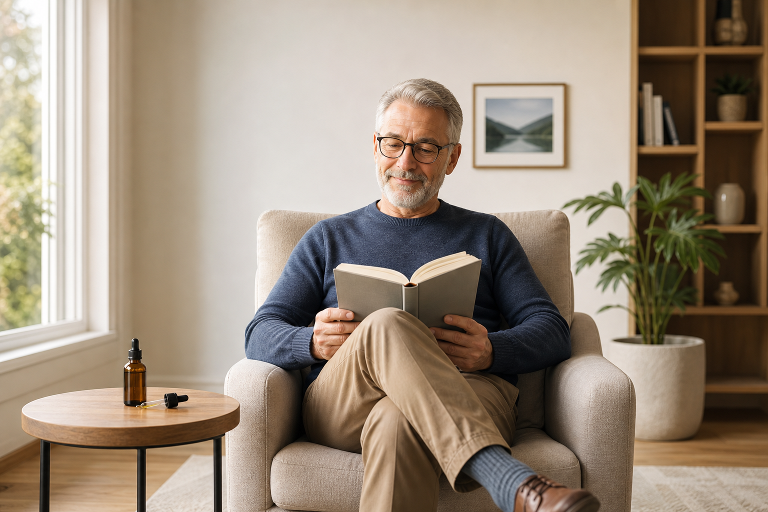 Older man enjoys joint pain relief reading with CBD oil nearby.