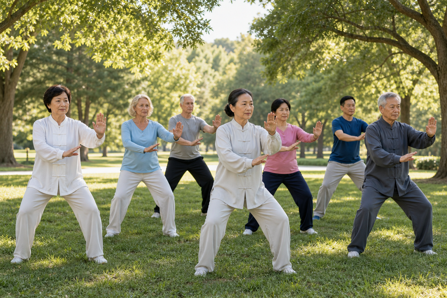 Adults practicing tai chi outdoors in park for arthritis and balance