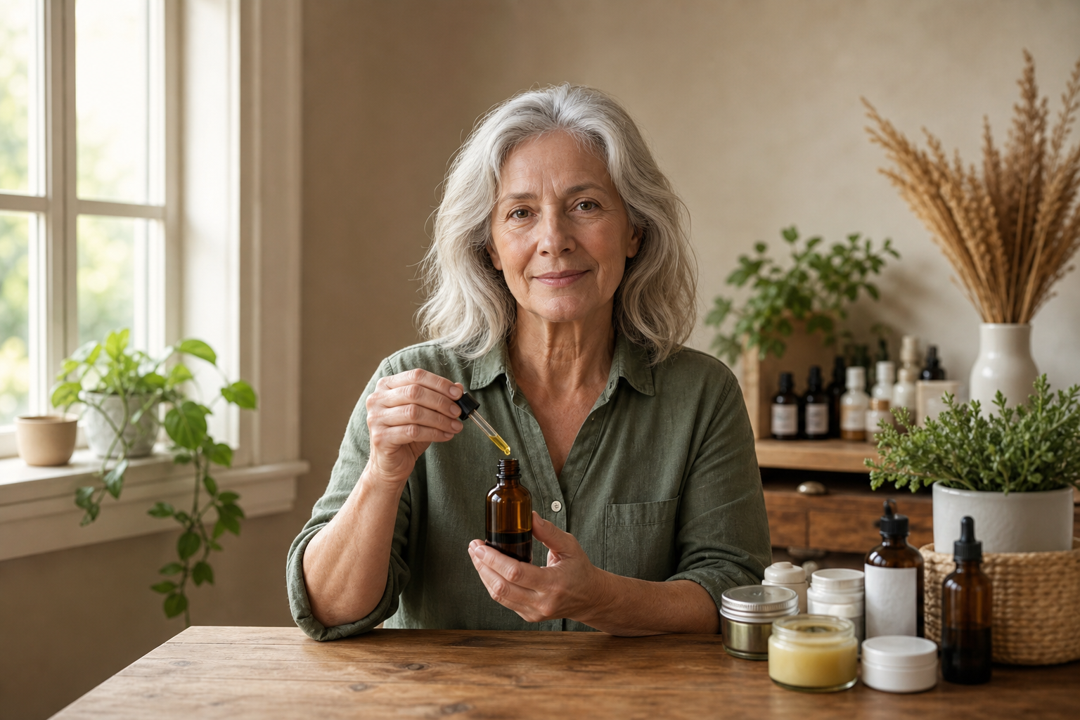 Hands holding CBD oil bottle with joint pain relief products