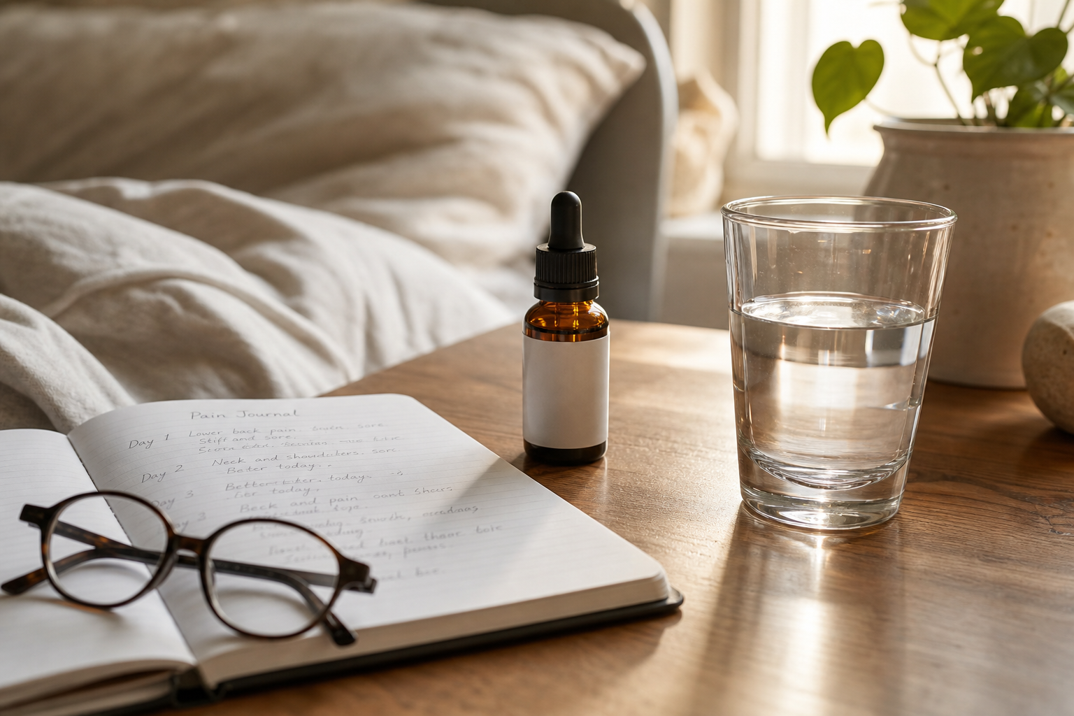 Pain journal and CBD oil on bedside table for symptom tracking