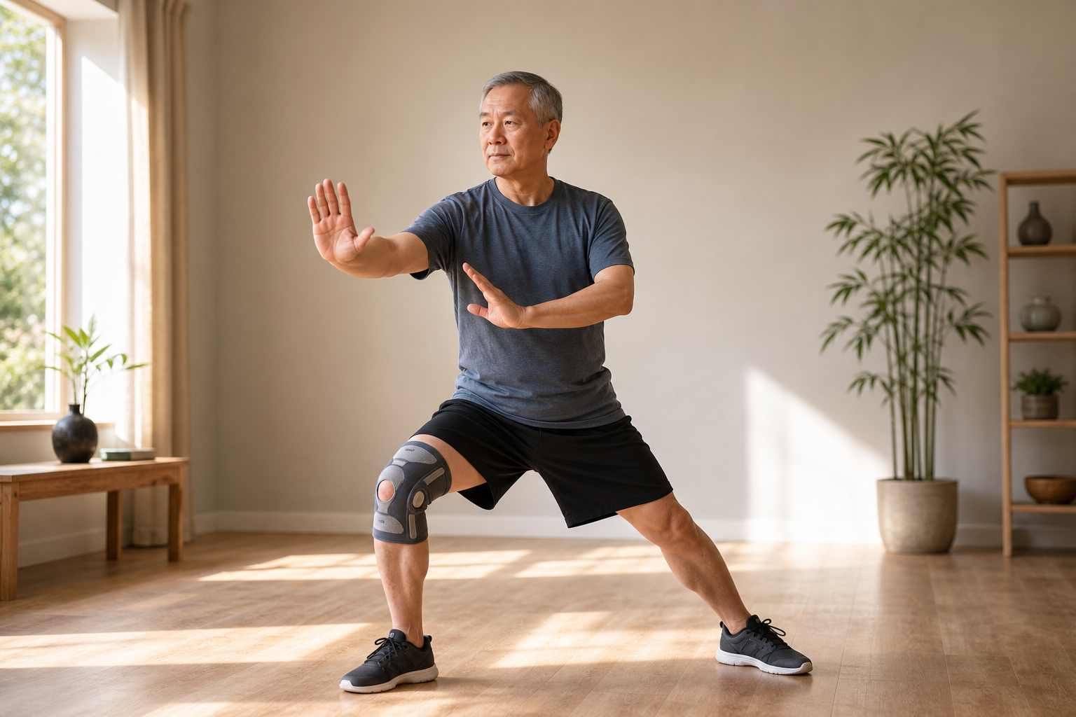 Elderly man with knee brace doing tai chi inside for arthritis pain relief