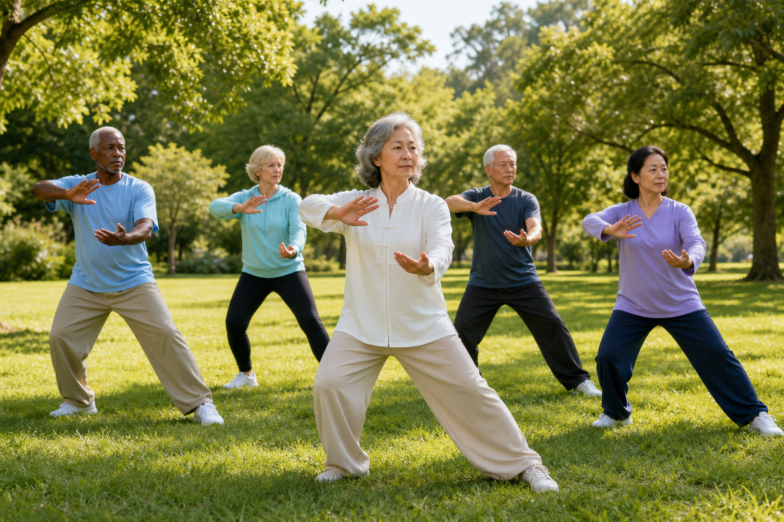Older adults practicing tai chi in a park for arthritis and balance.