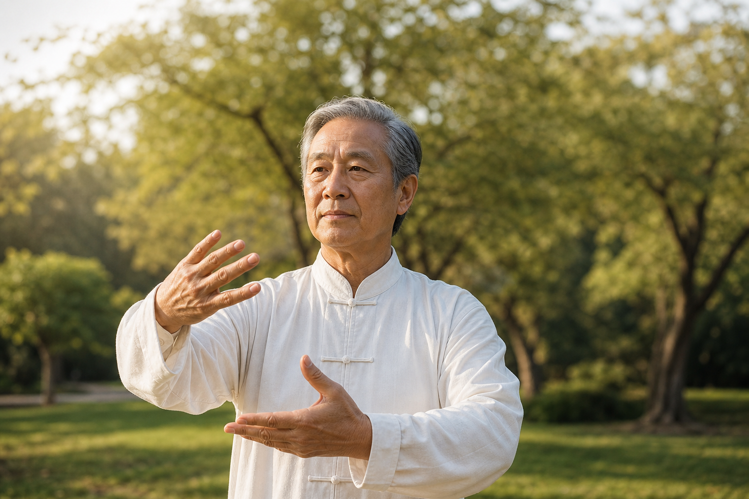 Elderly hands flexing gently during tai chi for arthritis relief.