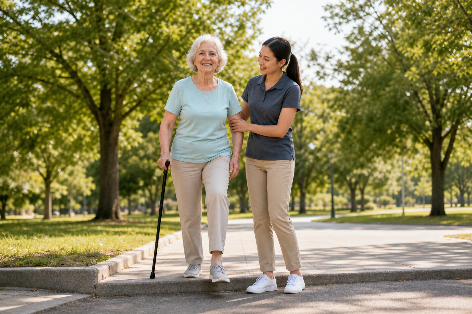 Woman with cane steps onto curb confidently after tai chi for balance.
