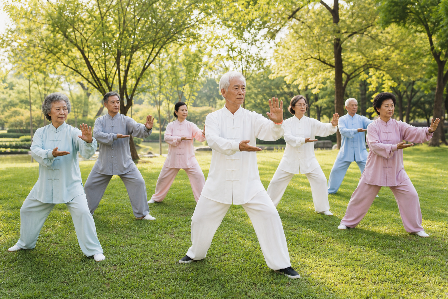 Older adults practicing tai chi in a sunny park