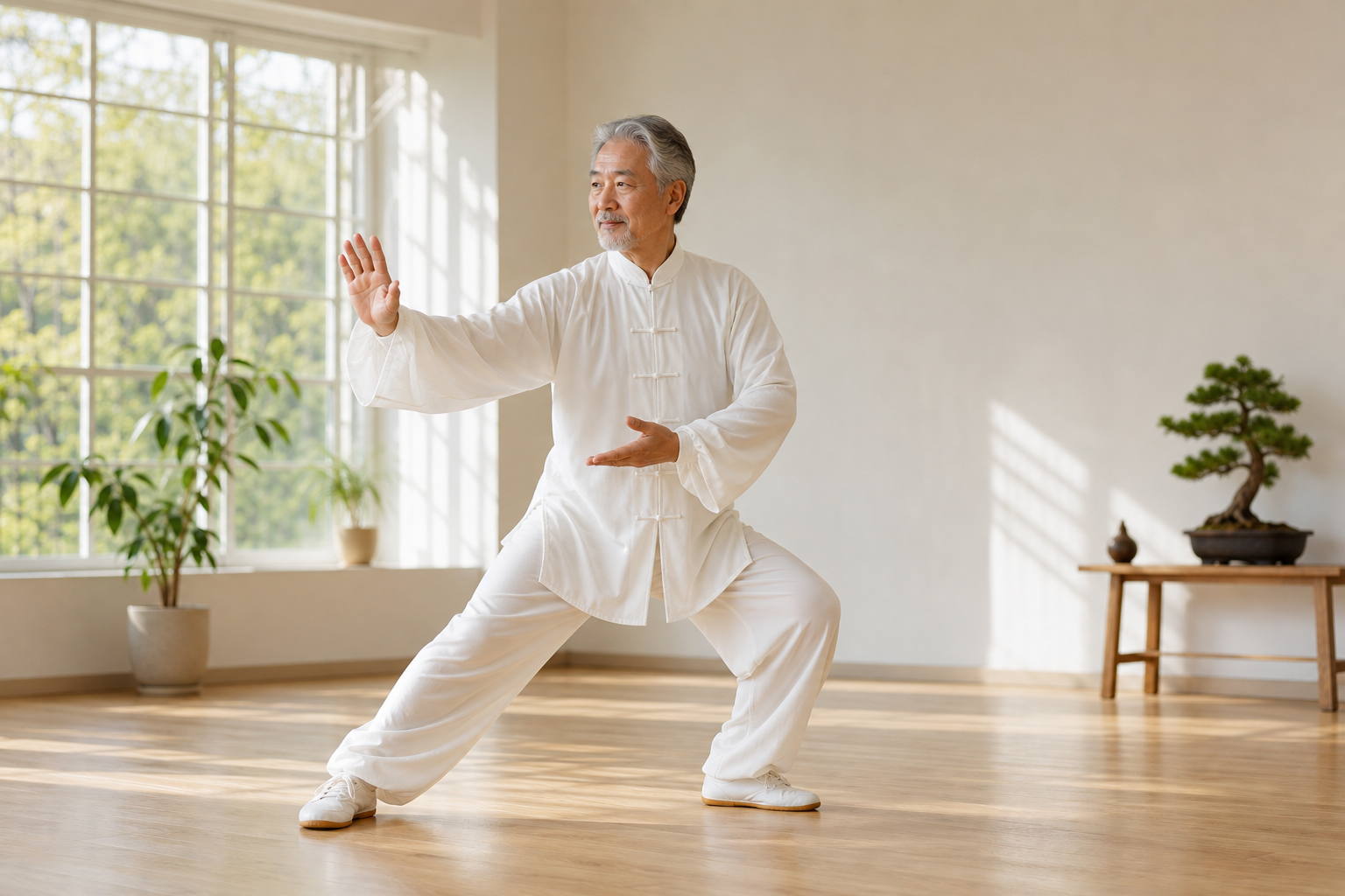 Senior's hands and knees performing tai chi movements