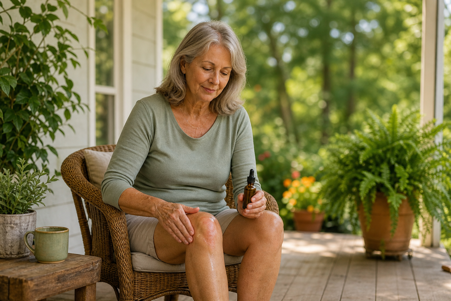 Older woman applying CBD oil to her knee for joint pain on porch