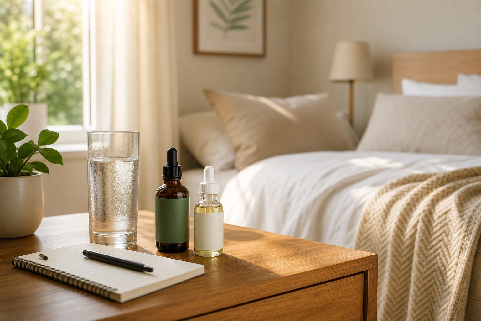 CBD oil bottles and notepad for tracking joint pain relief on bedside table