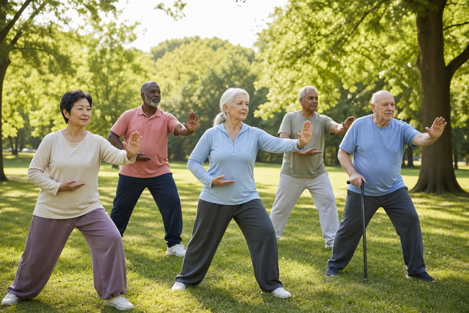 Older adults practicing tai chi outdoors in a park, including a participant using a cane.