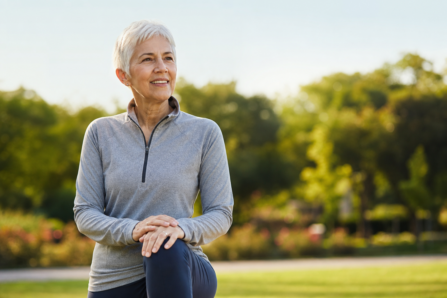 Closeup of older hands and knees outdoors, relaxed after gentle exercise.