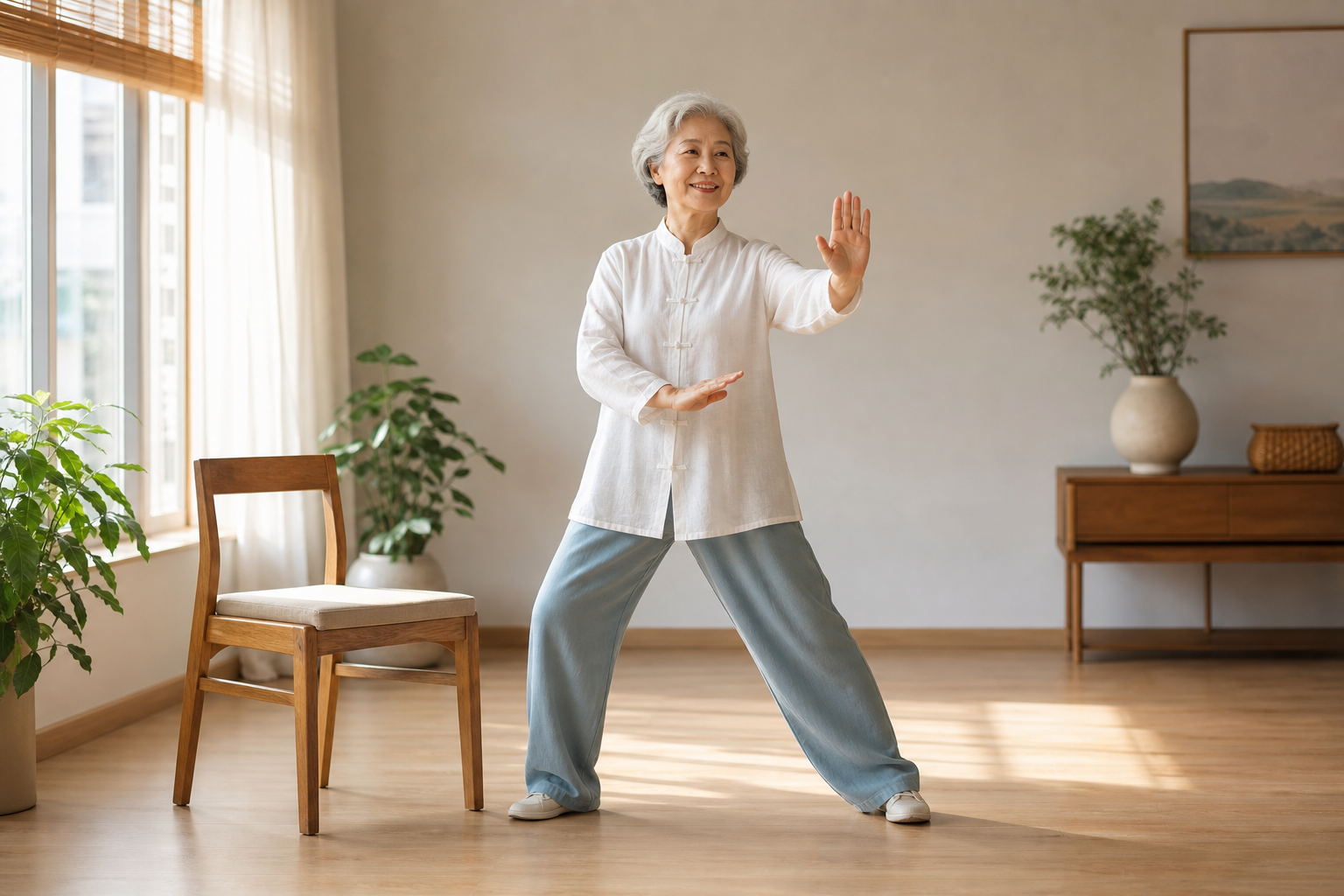 Smiling senior woman practicing tai chi indoors with a chair for support.