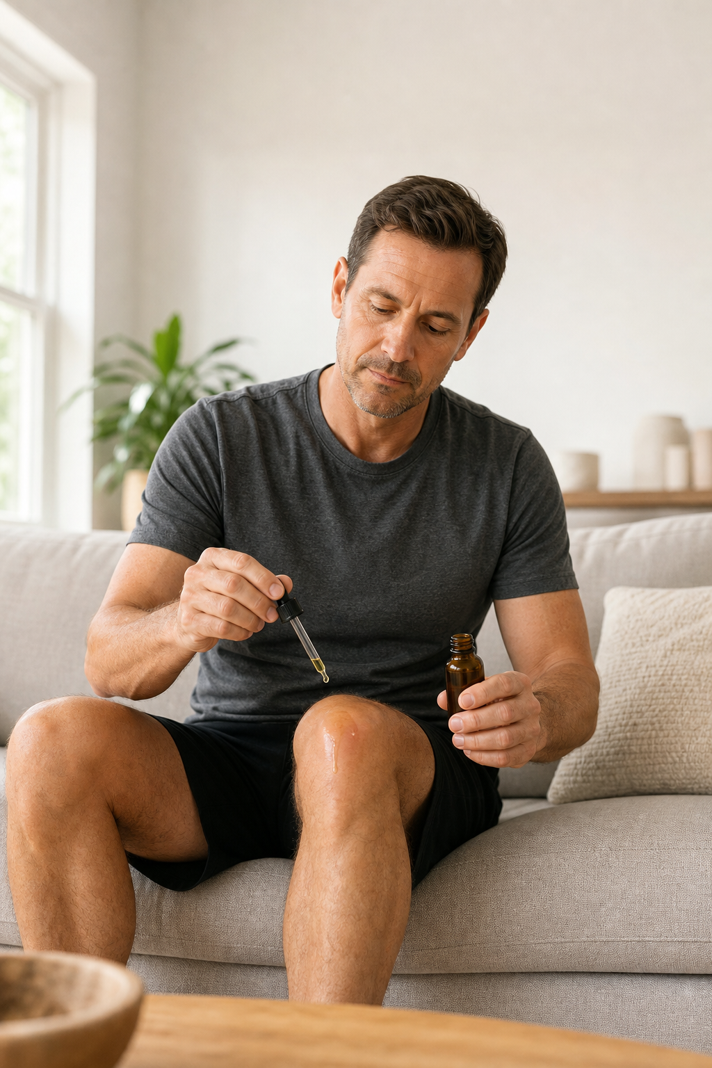 Hands applying CBD oil to swollen knee, illustrating joint pain relief.