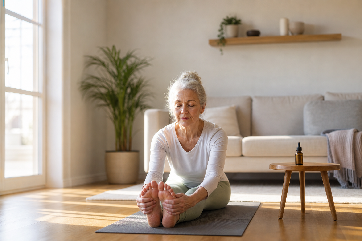 Older woman doing yoga with CBD oil bottle nearby, showing holistic joint care.