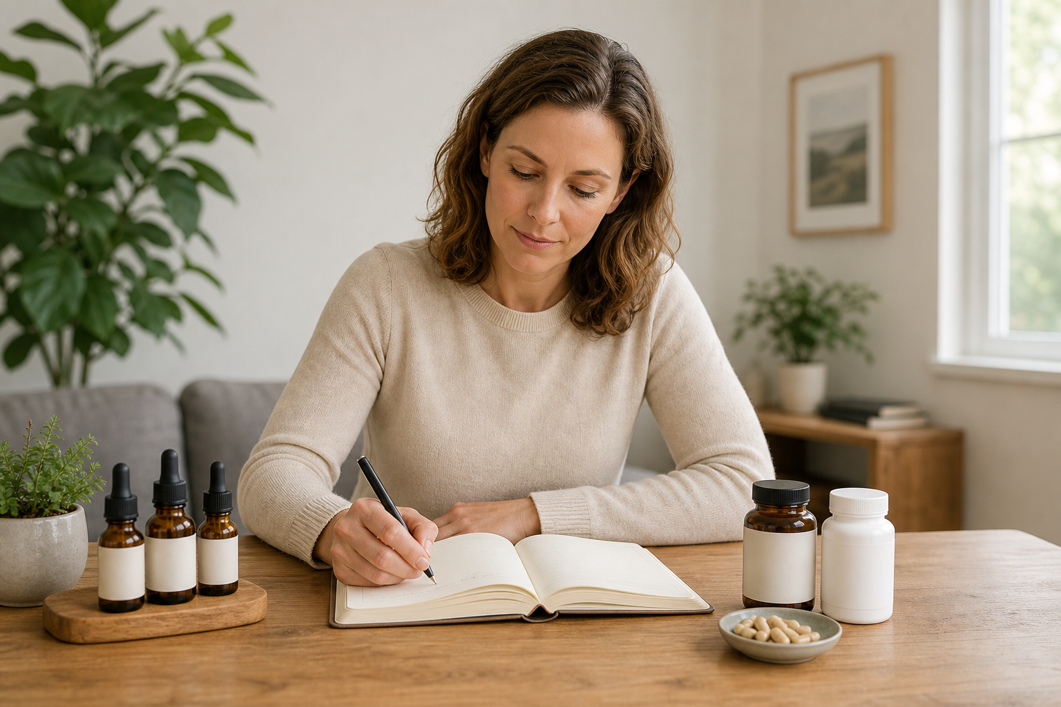 CBD oil, joint supplements, and a pain diary on a table with hands taking notes
