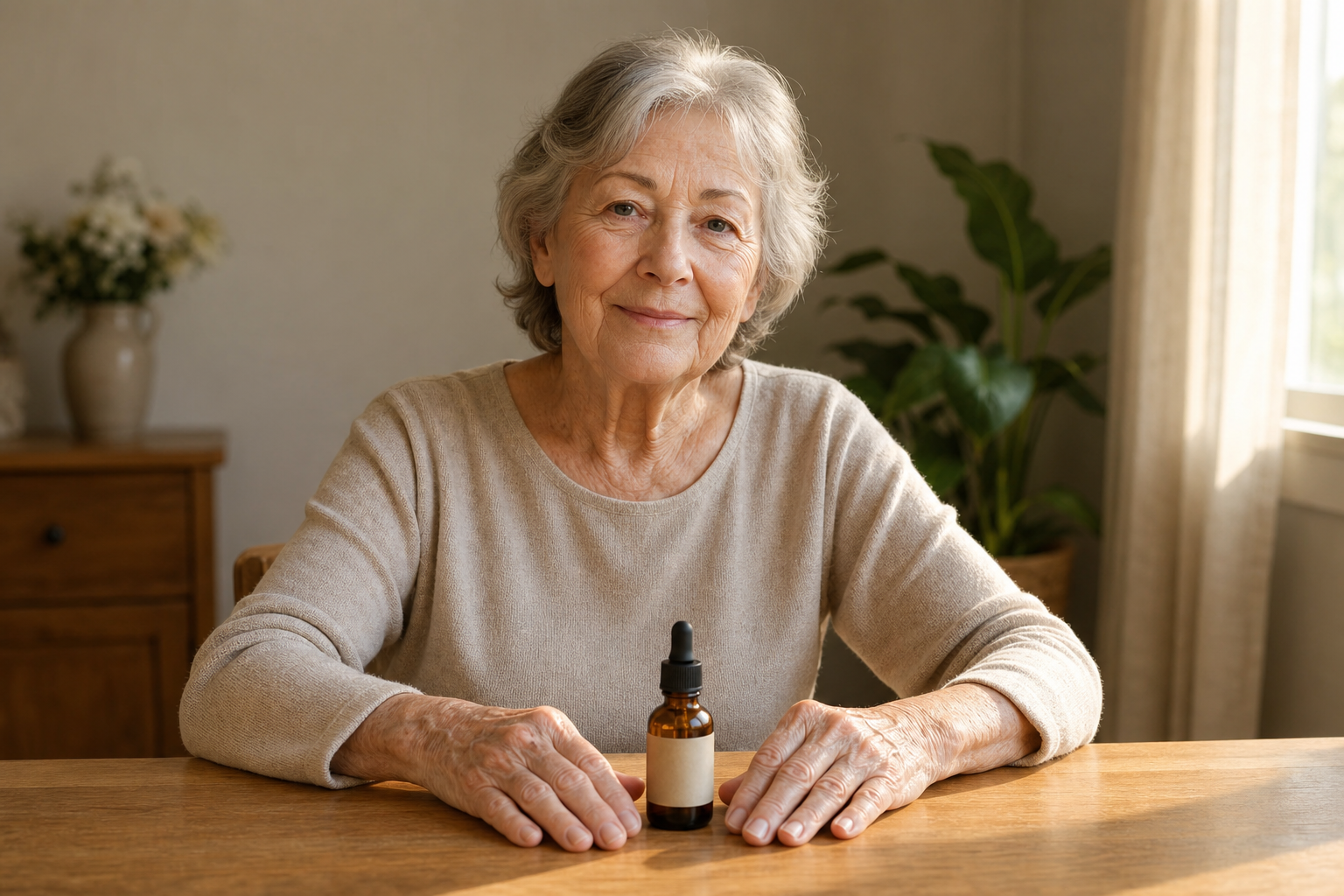 CBD oil dropper bottle beside arthritic hands on a wooden table with warm sunlight
