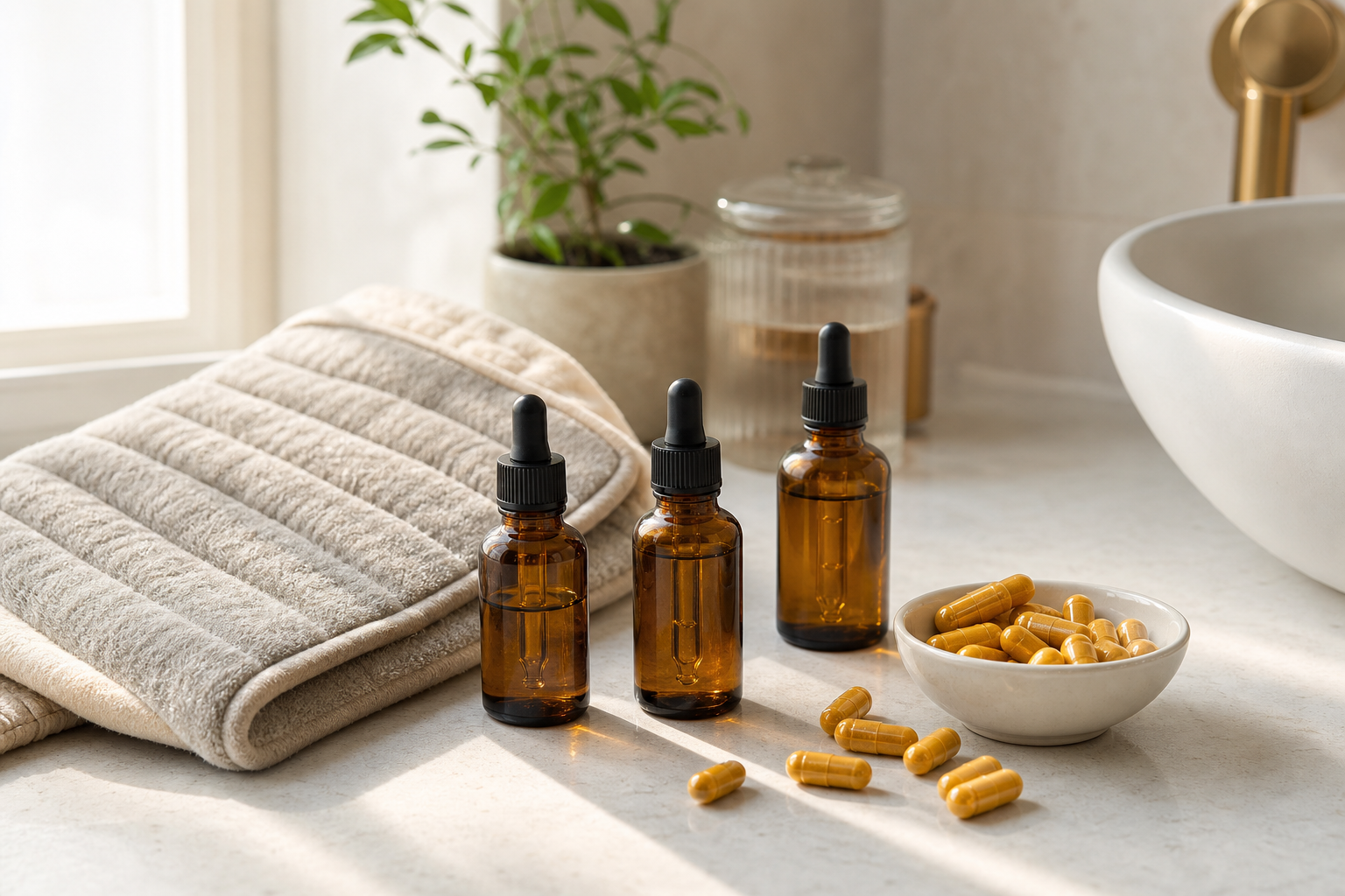 CBD oil bottles, heating pad, and turmeric capsules on bathroom counter in morning light