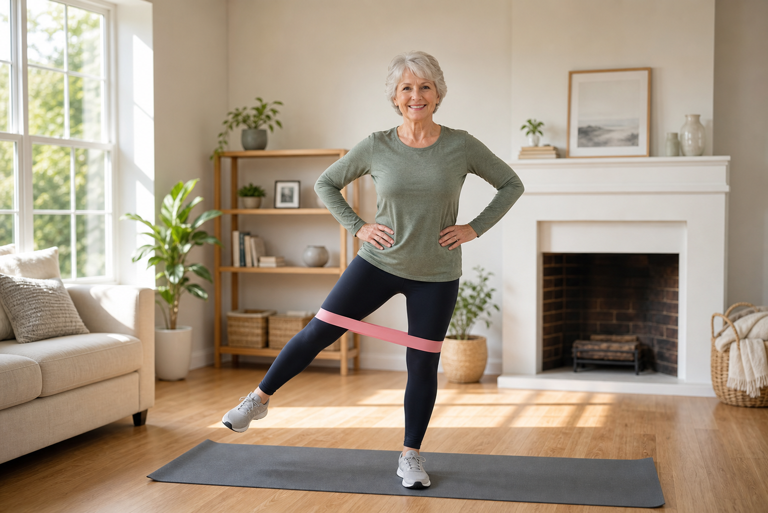 Older woman exercising with resistance bands on yoga mat at home