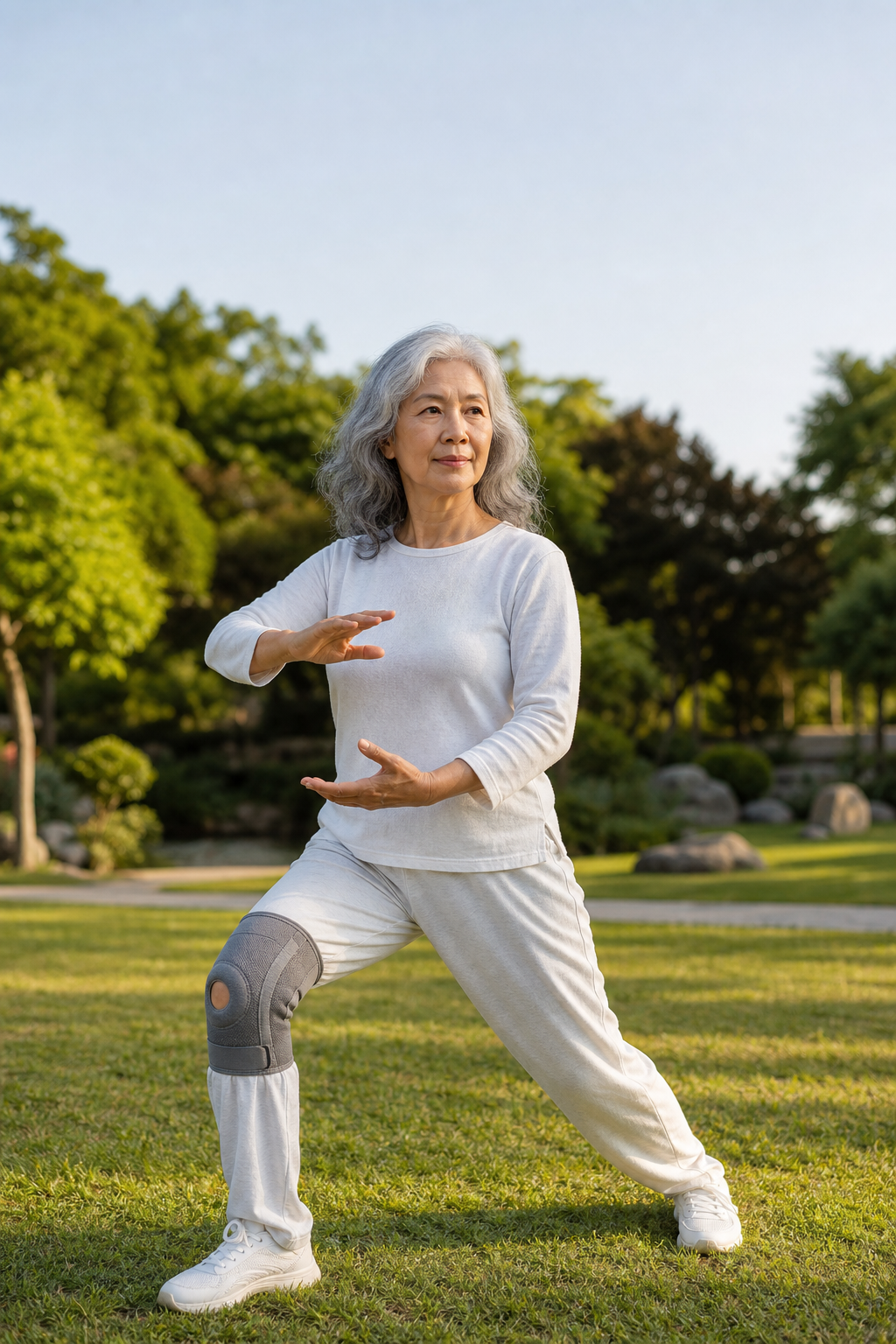 Close-up of gentle tai chi stance with knee brace support