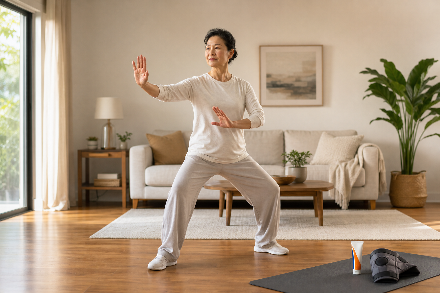 Tai chi practice at home with knee brace and Voltaren gel