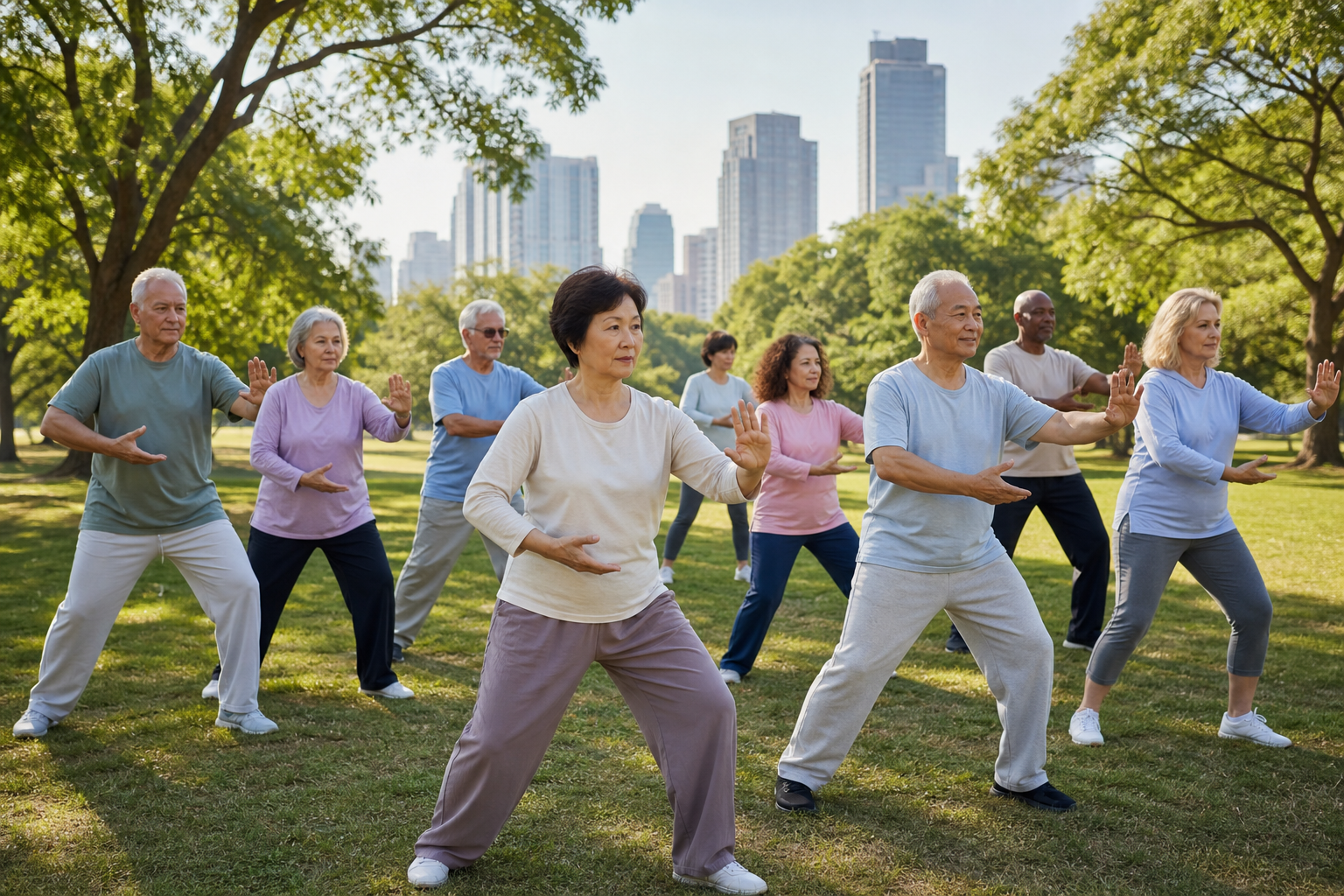 Older adults practicing tai chi for arthritis and balance in a city park.