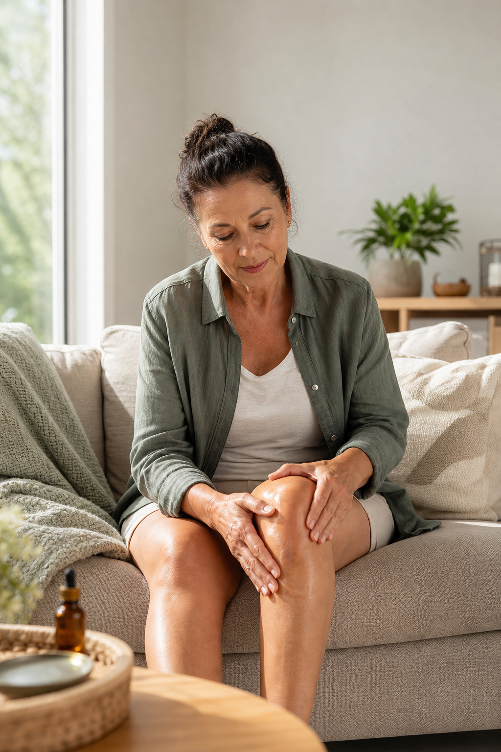 Hands applying CBD oil to a swollen arthritic knee on a sunlit living room couch
