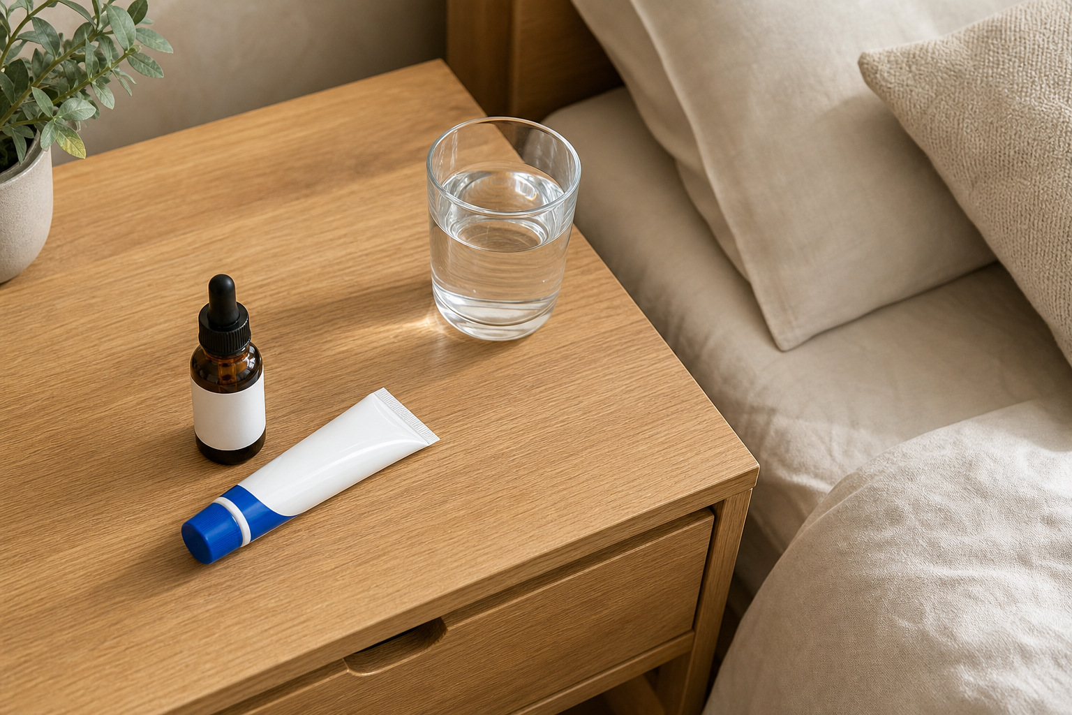 Bedside table with CBD oil, Voltaren gel, and water glass by cozy bedding