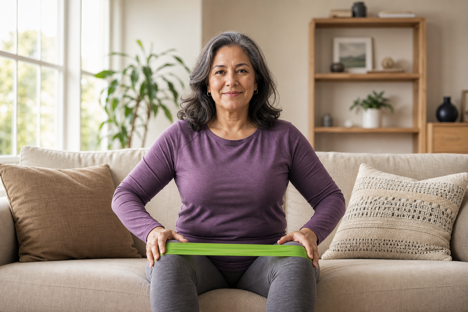 Woman doing resistance band knee exercise in sunny living room