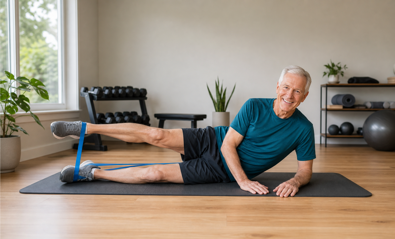 Man using resistance band for side-lying leg exercises at home