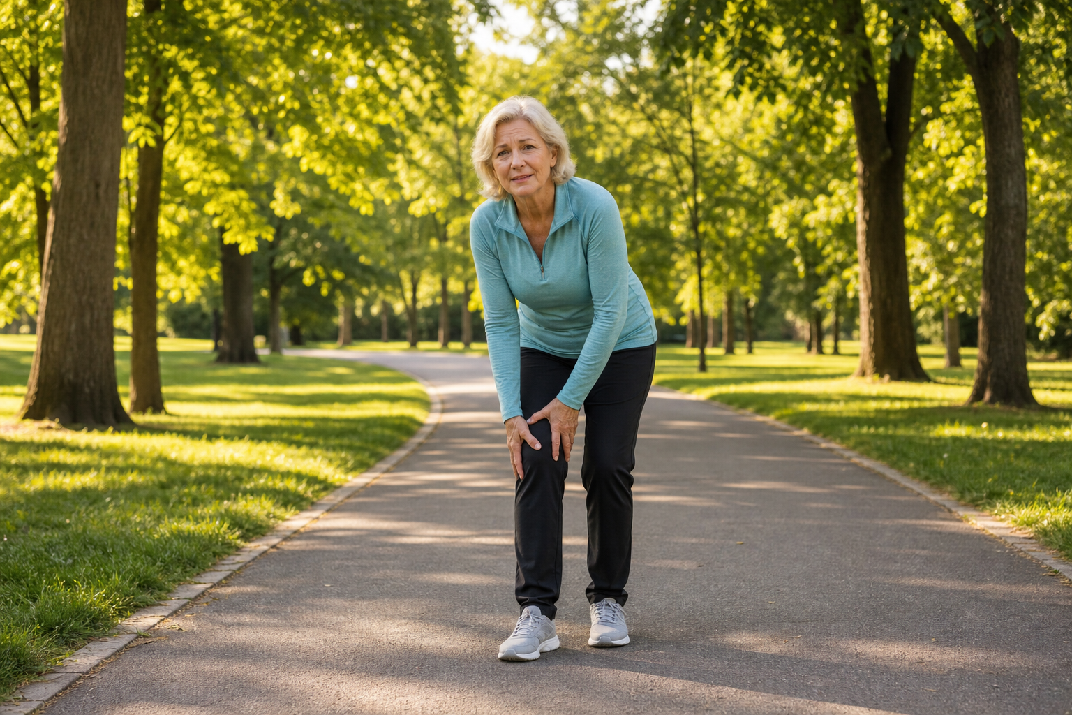 Woman in her 60s rubbing her knee during a walk in a sunny park.