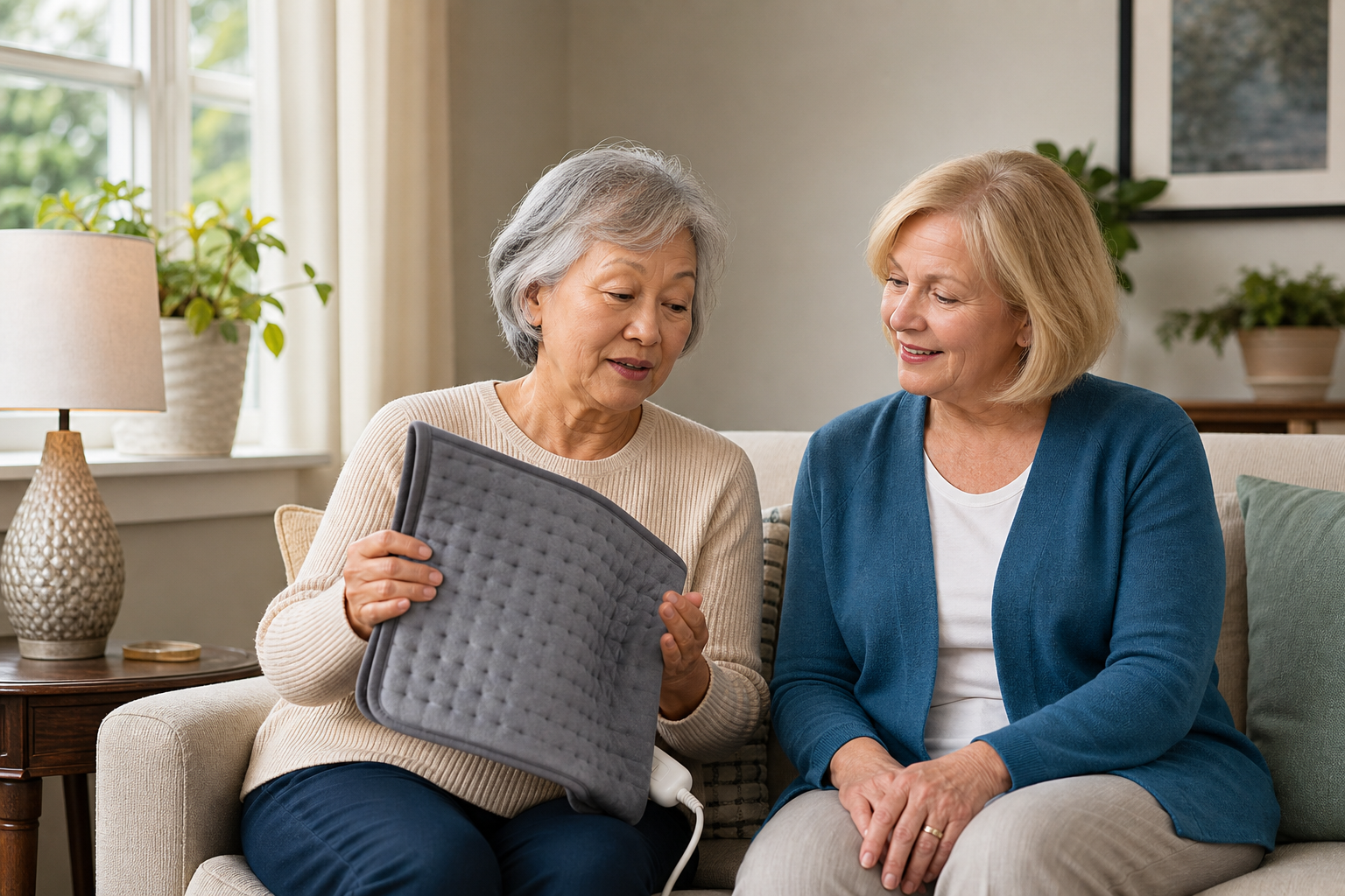 Two older women using a heating pad for joint pain relief in a bright living room.