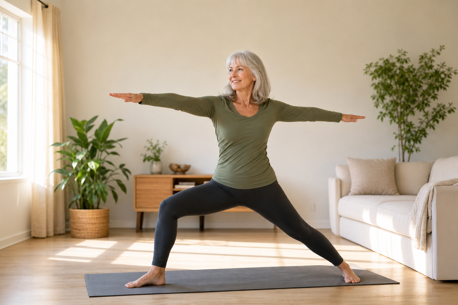 Senior woman stretching on a yoga mat in her living room, smiling and relaxed.
