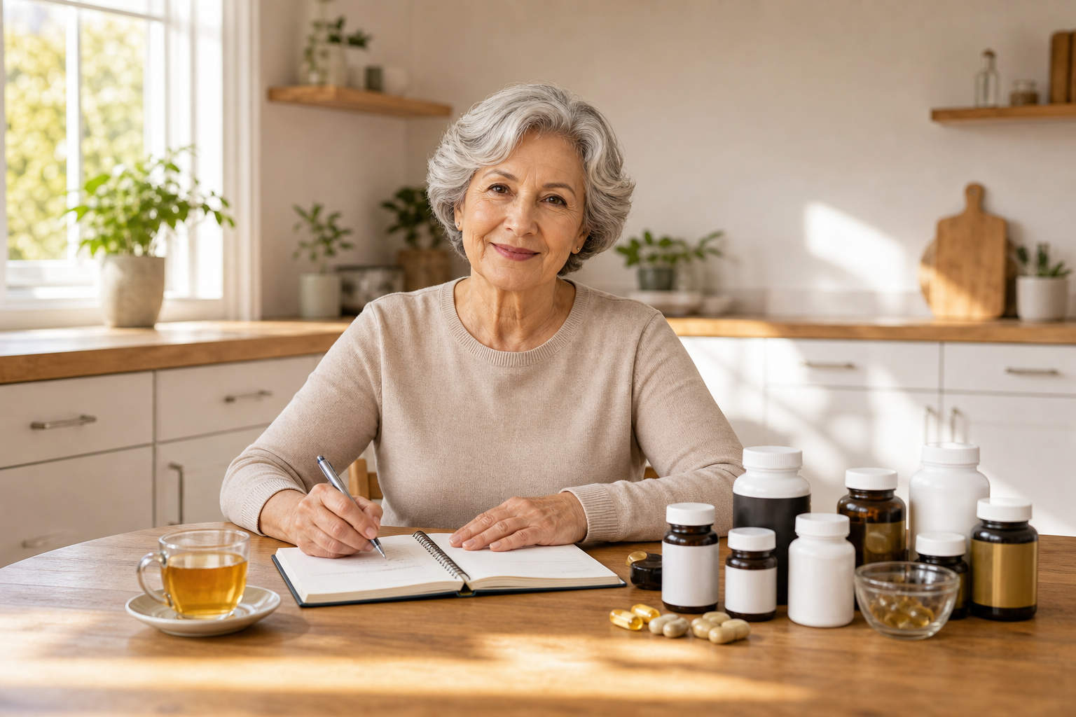 Senior woman with arthritis notes pain levels at kitchen table with fish oil supplements.