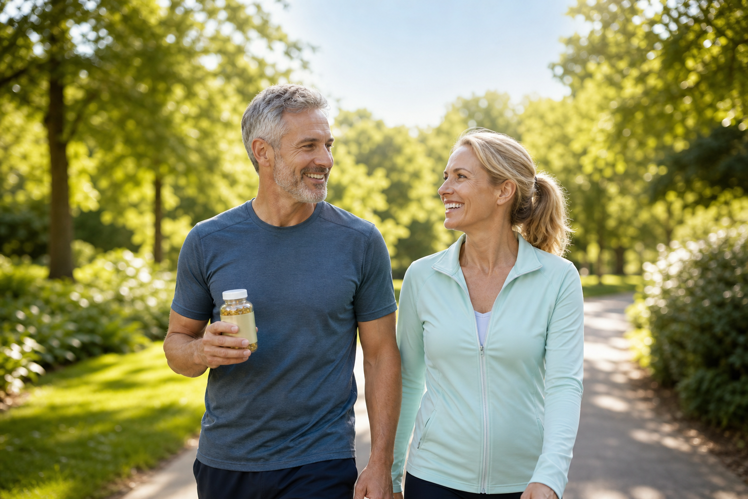 Middle-aged couple walking outdoors, holding fish oil supplement bottle, smiling and active.