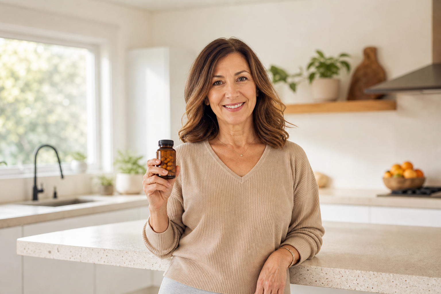 Woman holding hyaluronic acid supplements and resting hand on knee