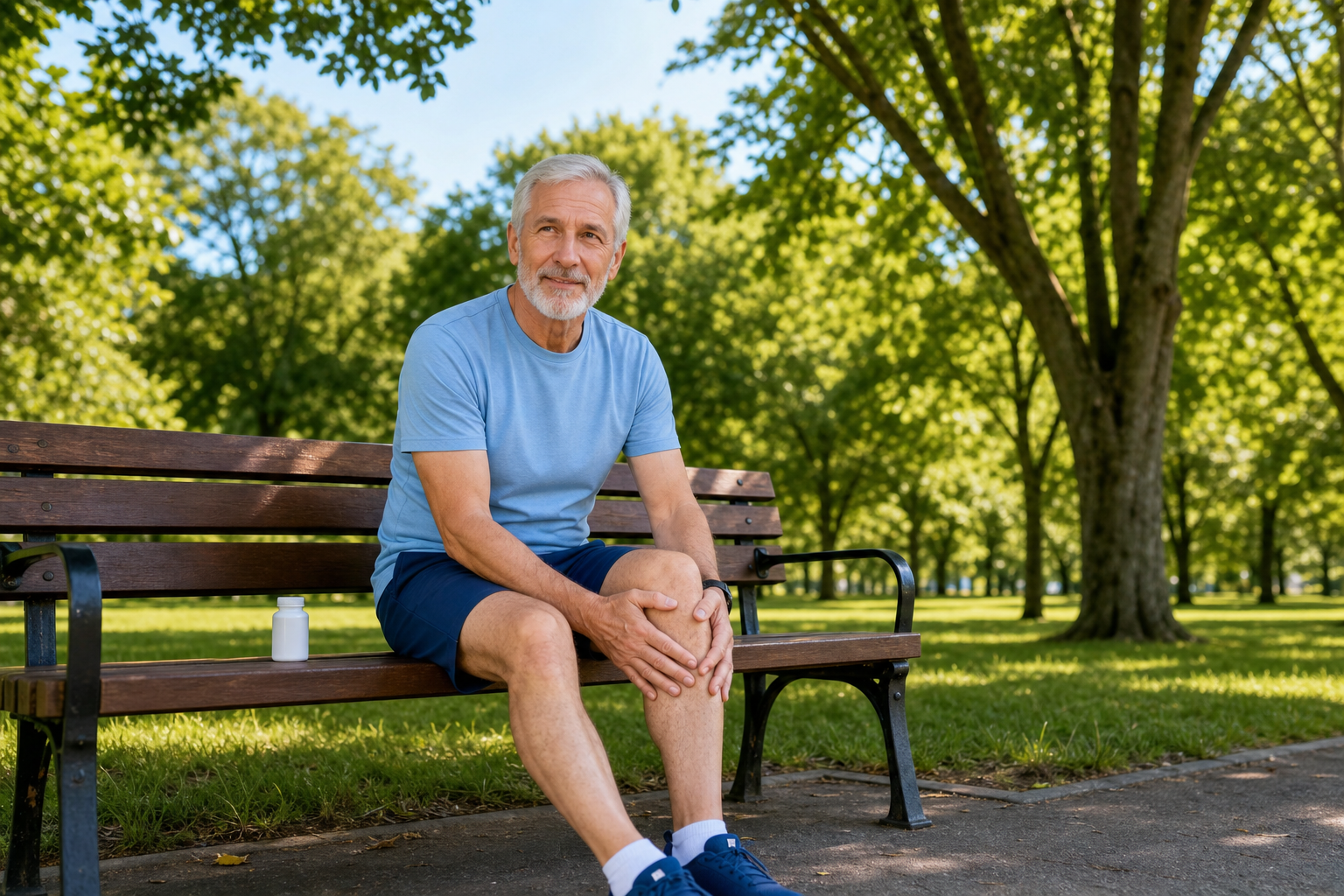 Man rubbing knee on park bench with supplement bottle nearby