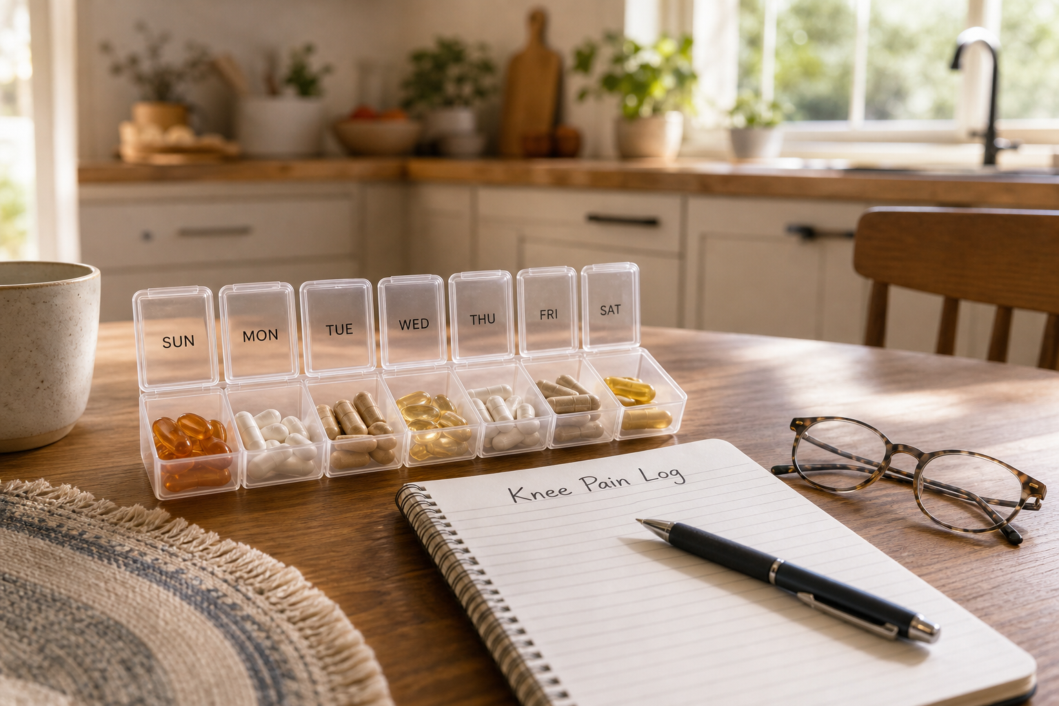 Pill organizer and knee pain log with supplements on kitchen table