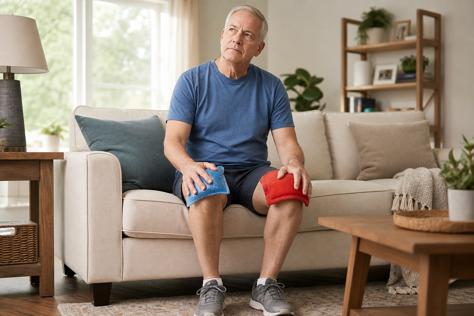 Older adult comparing ice pack and heating pad on knees for joint pain relief