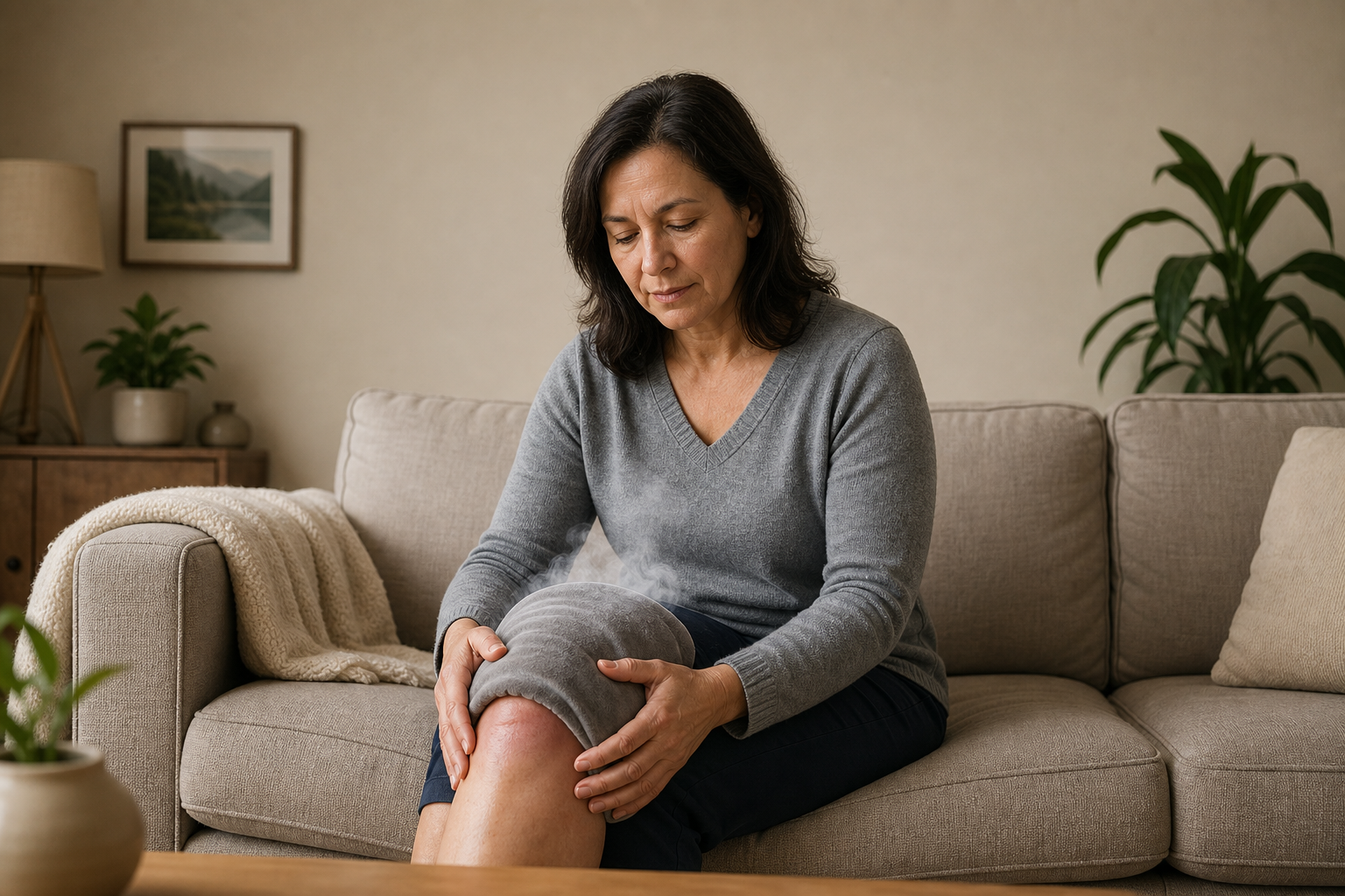 Applying warm heating pad to swollen knee for arthritis pain