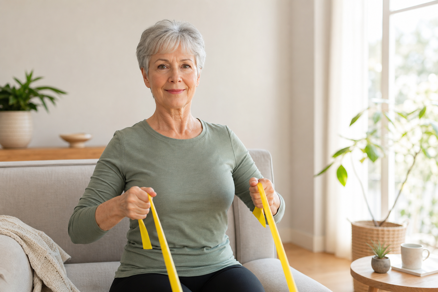 Older woman using resistance bands for seated strength exercise at home