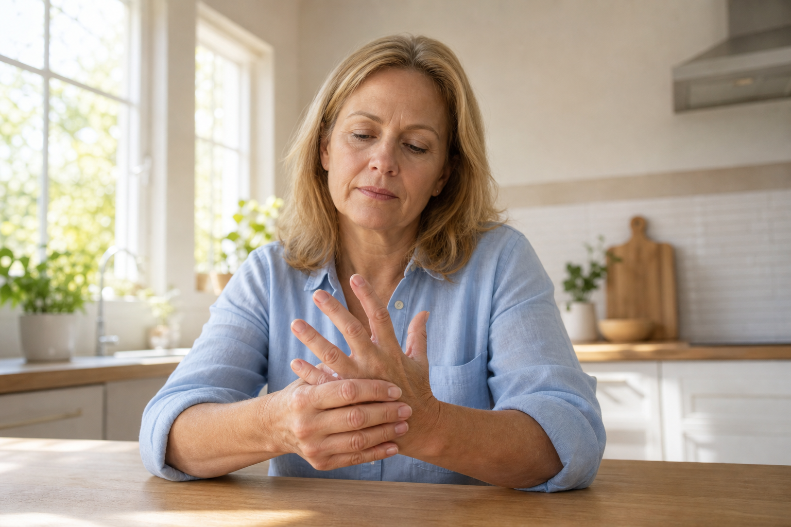 Woman gently stretching fingers on kitchen table for arthritis relief