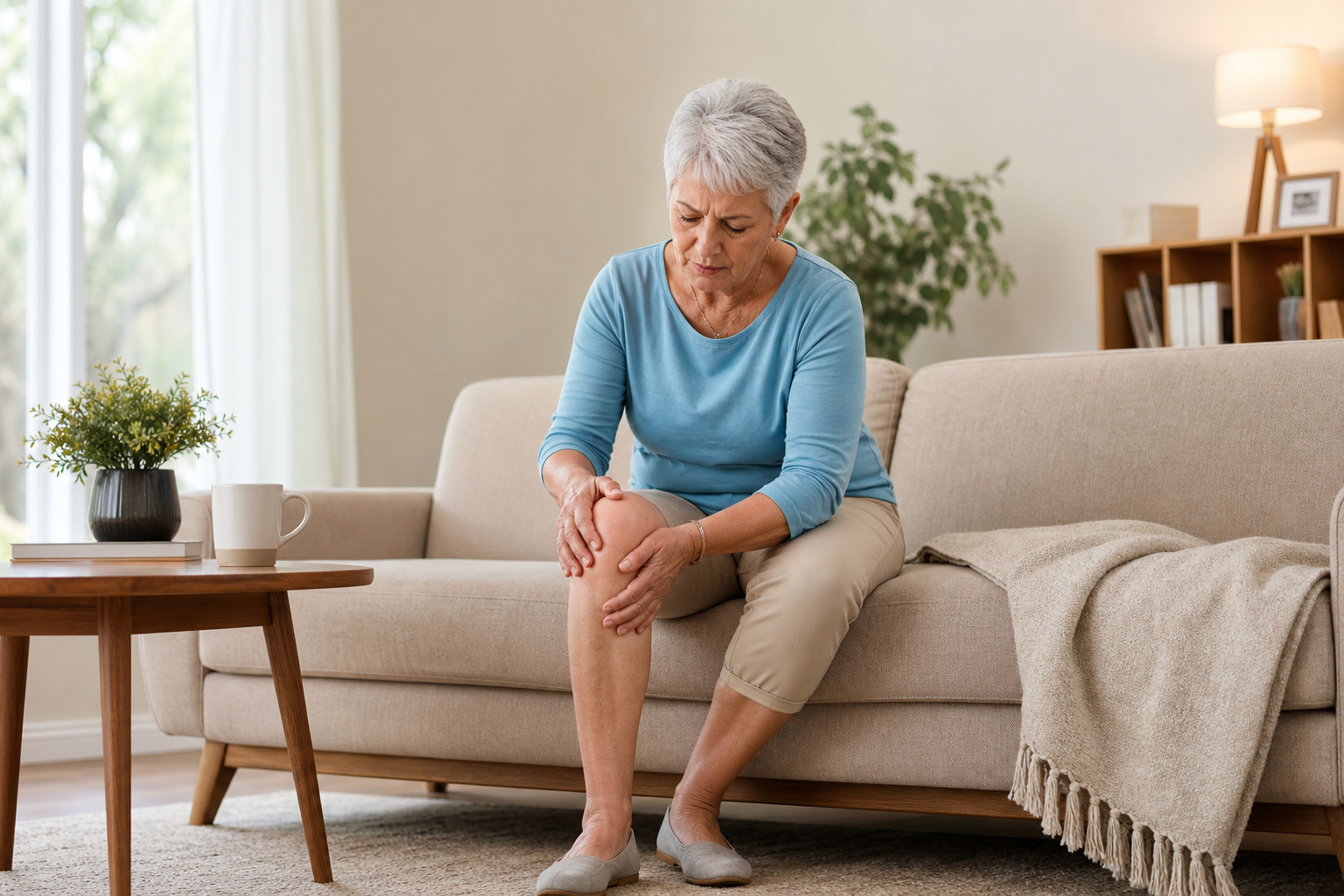 Older adult massaging swollen knee on couch