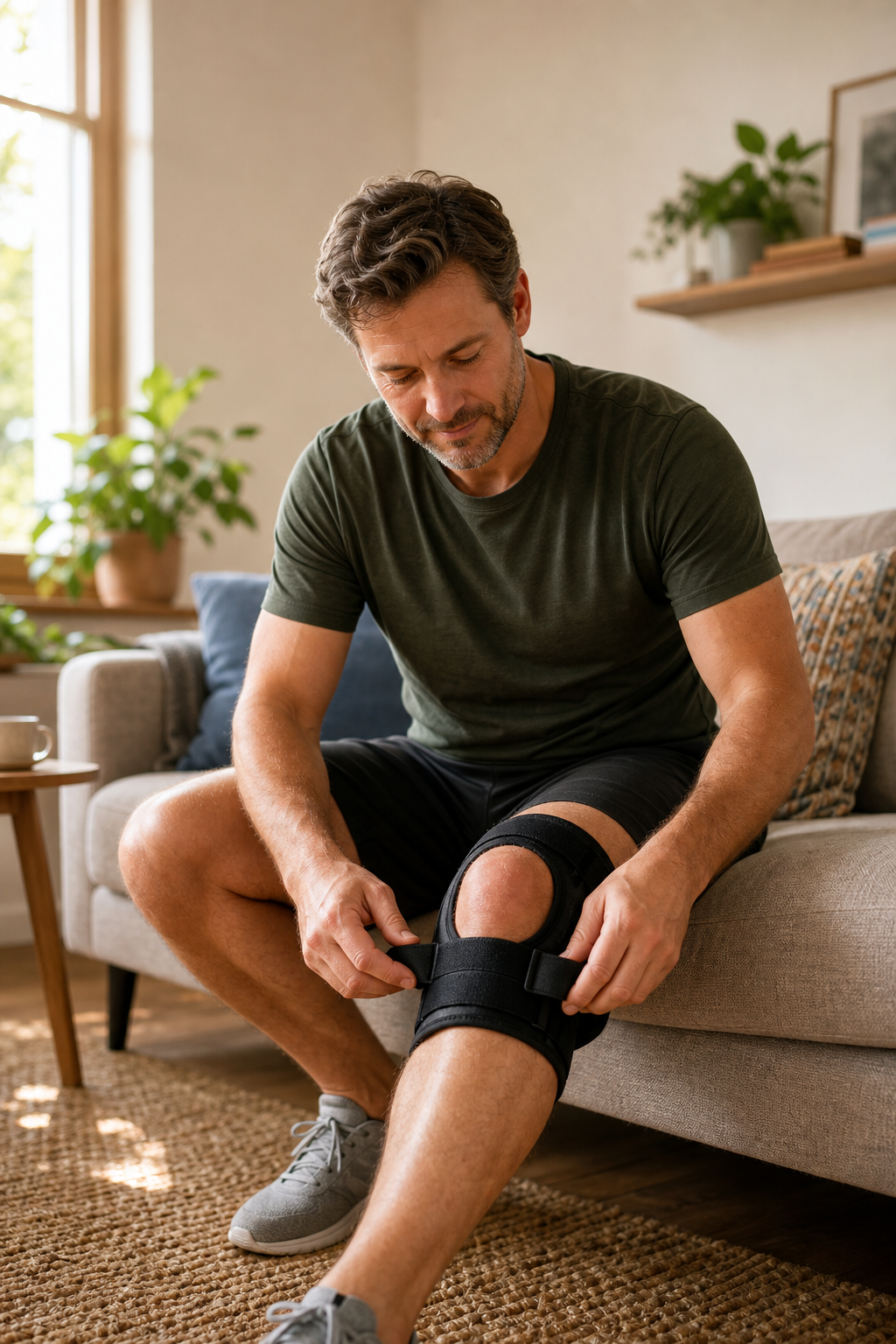 Hands applying knee brace on swollen knee
