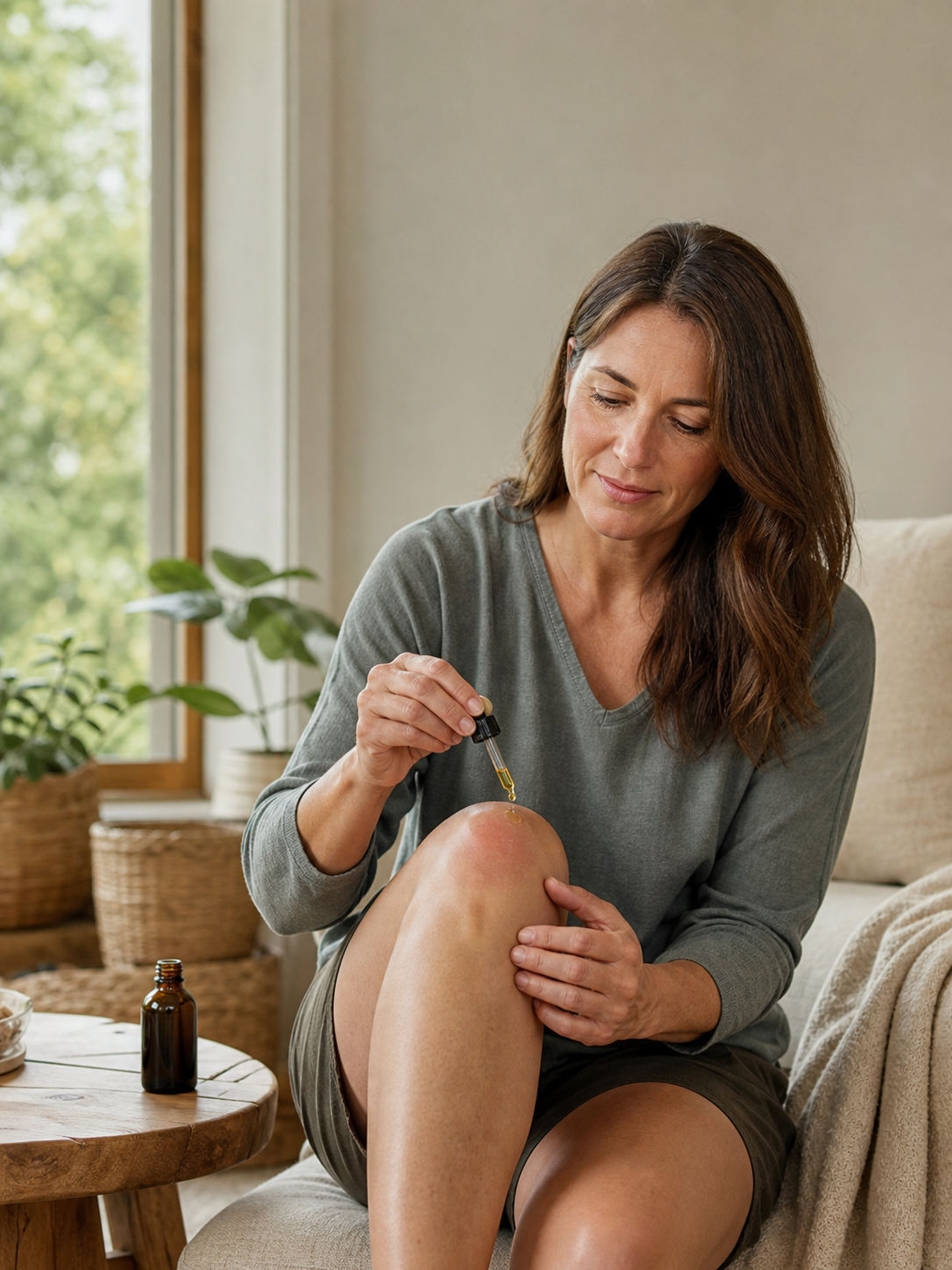 Hands using CBD oil dropper on swollen knee, joint pain relief