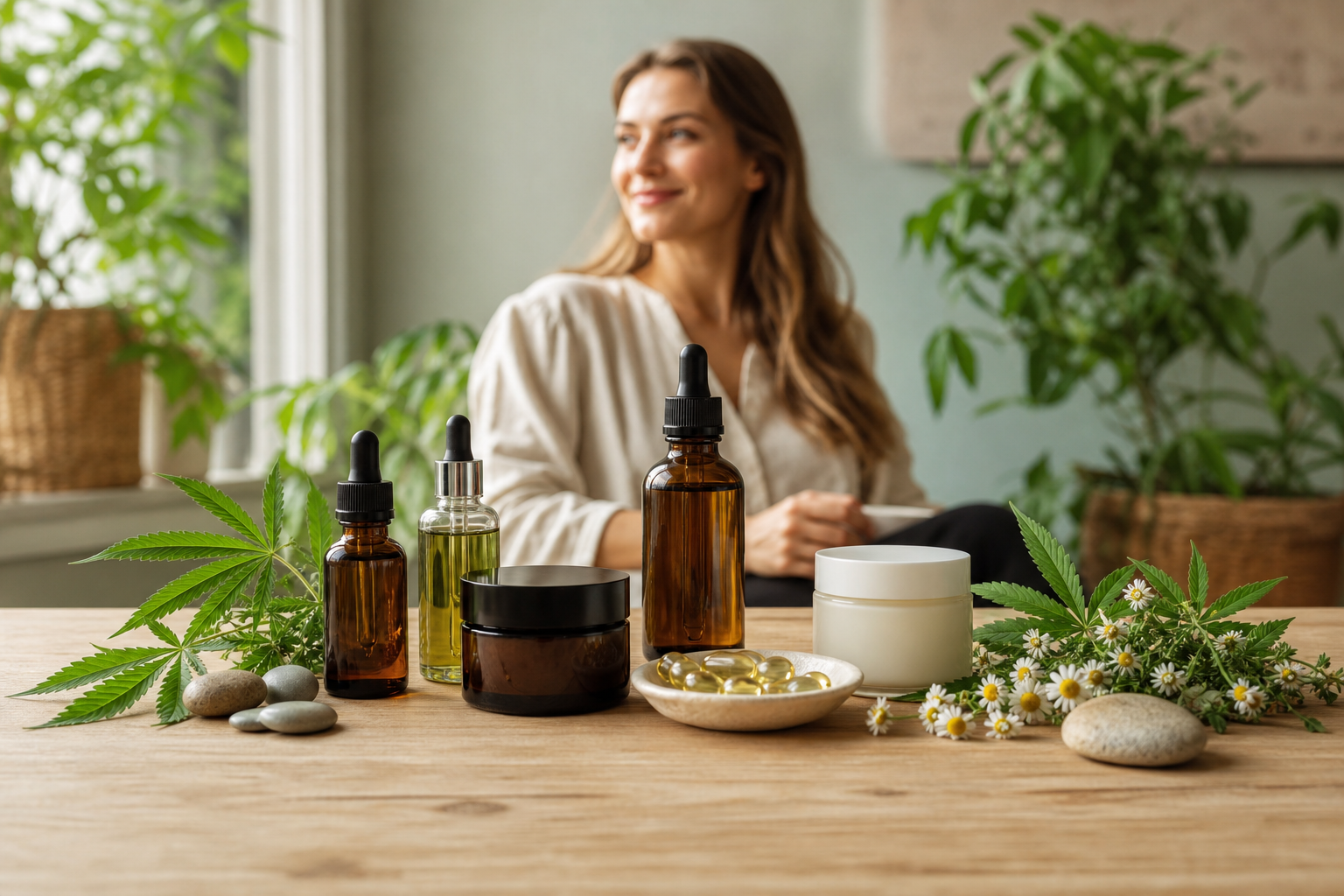 CBD products, hemp leaves, chamomile for joint pain and inflammation