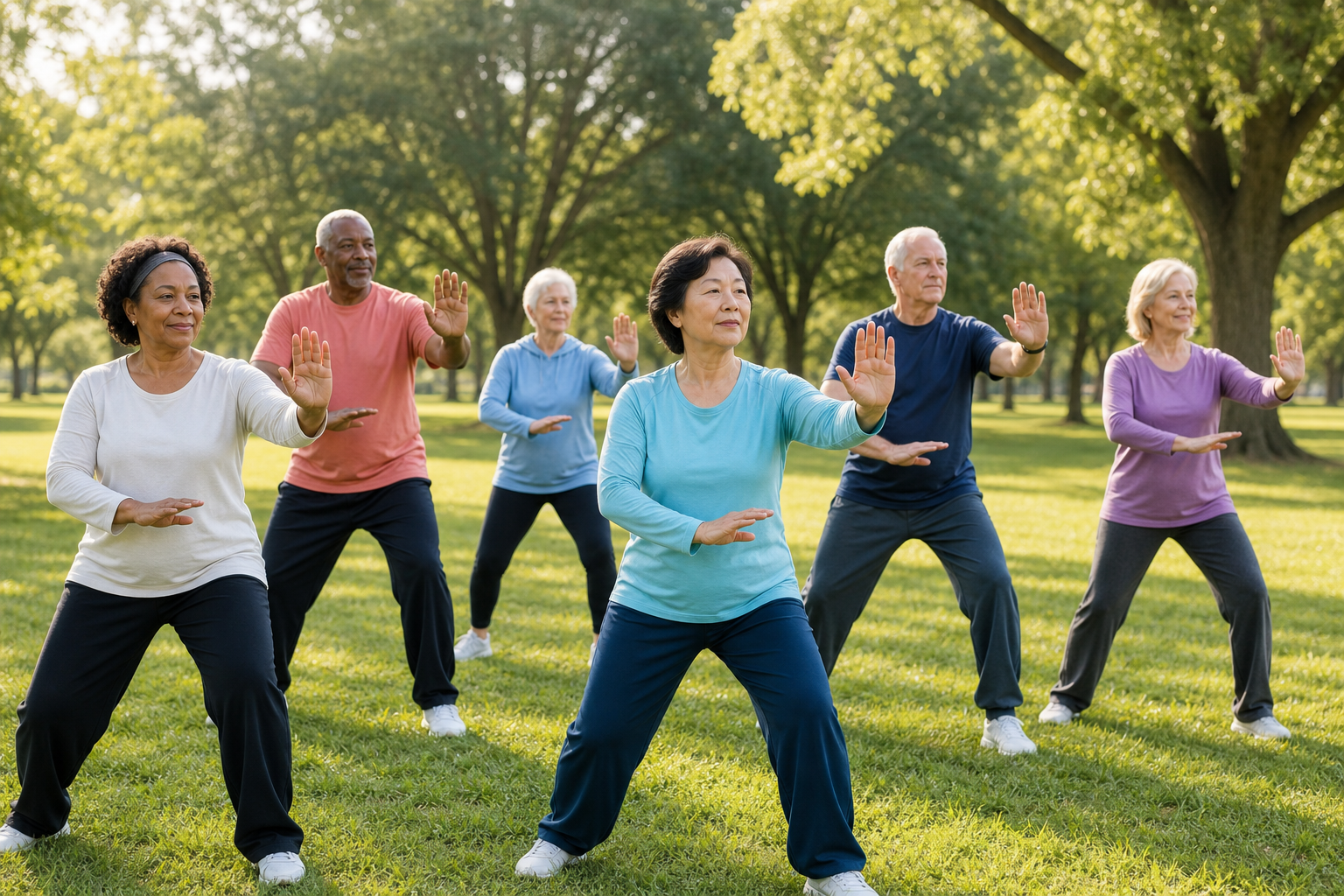 Older adults practicing tai chi in a green park, focusing on joint health and balance.