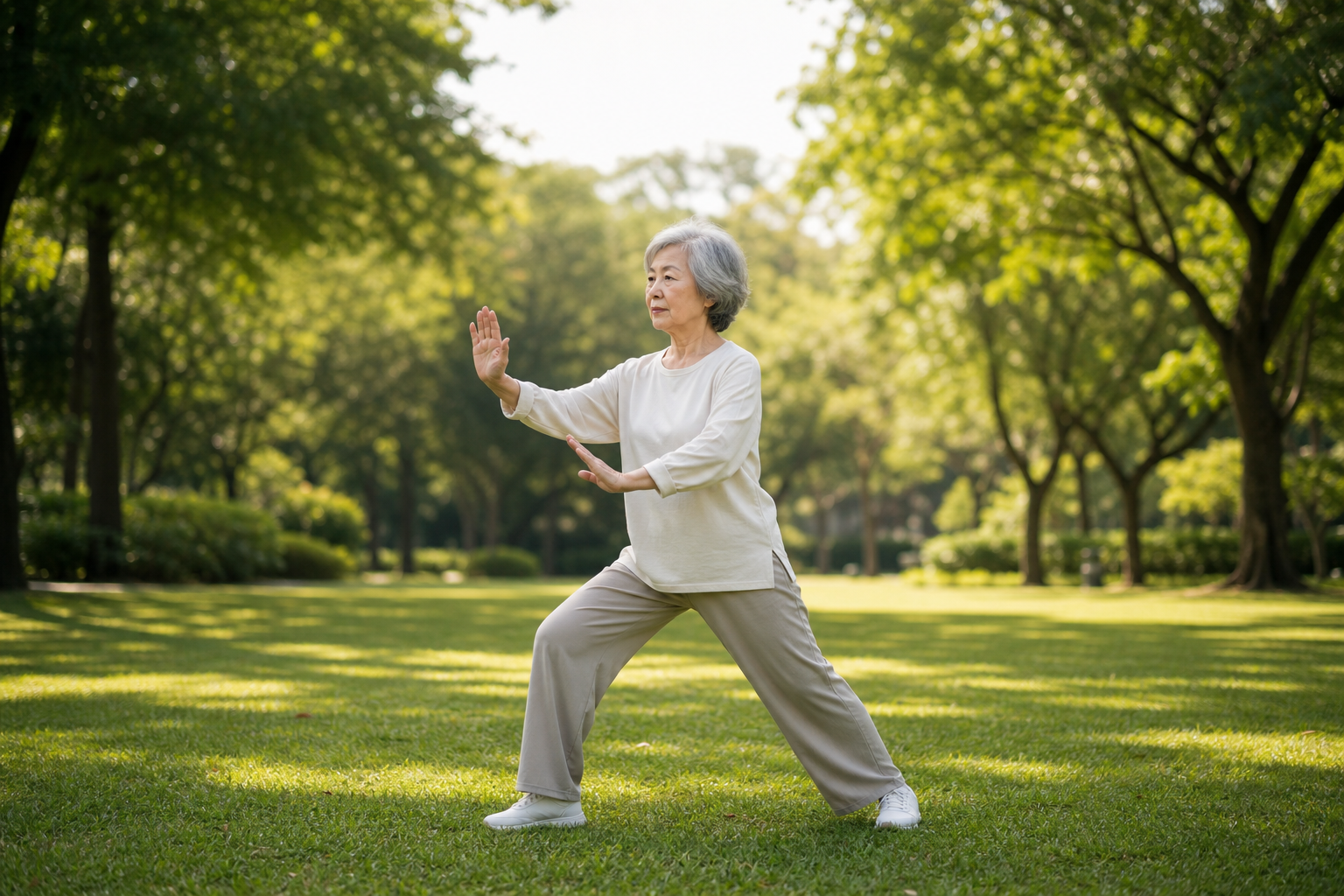 Senior woman’s legs balancing during tai chi, illustrating improved stability.