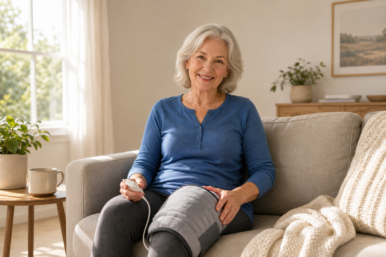 Older adult using an XL heating pad on knee for arthritis relief at home.
